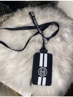 PINK Victoria's Secret Black Wallet I'd Lanyard with White Stripes